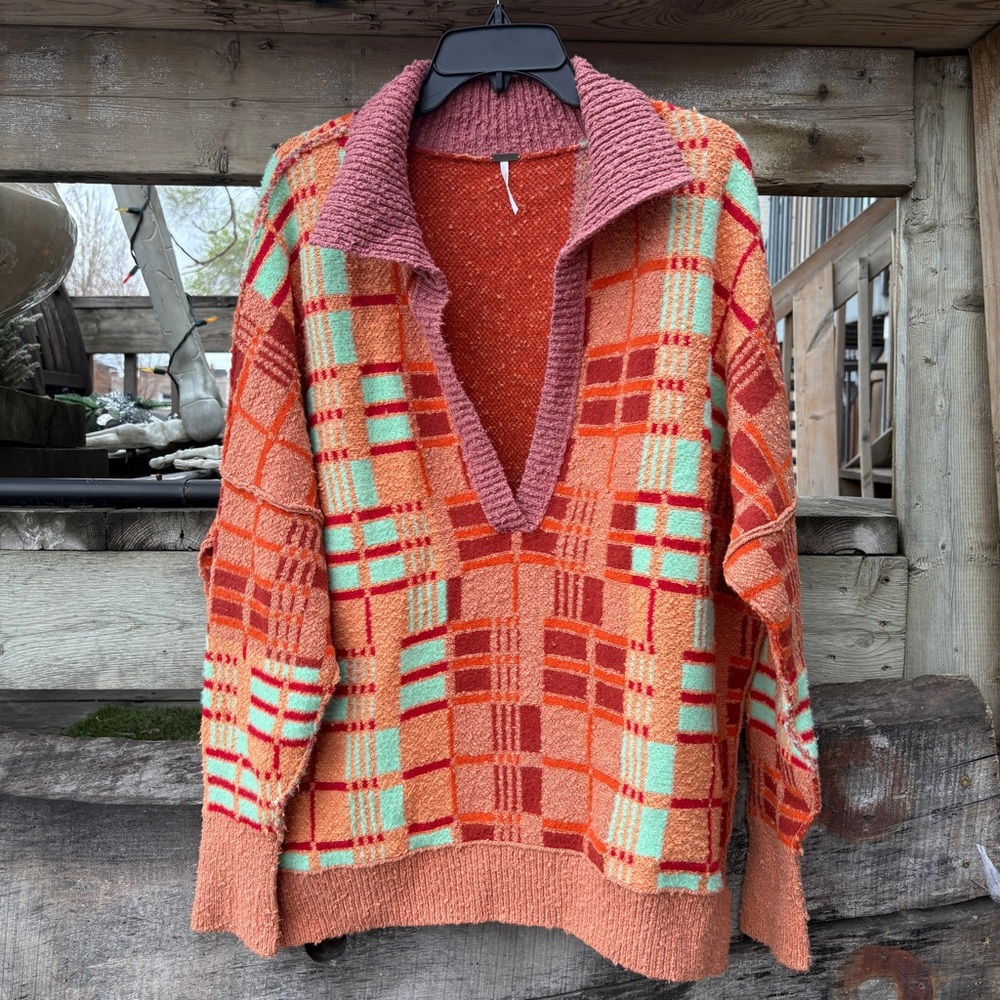 Free People Orange 60’s Style V-Neck Sweater